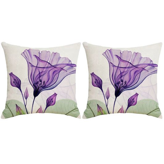 2 X Purple Flower Pillow Cover Linen Pillowcase Living Room Sofa Decor