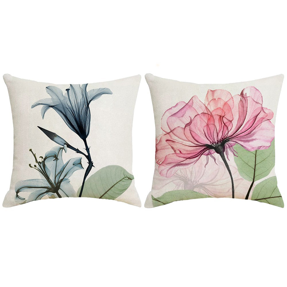 2 X Blue Pink Flower Pillow Cover Linen Pillowcase Living Room Sofa Decor