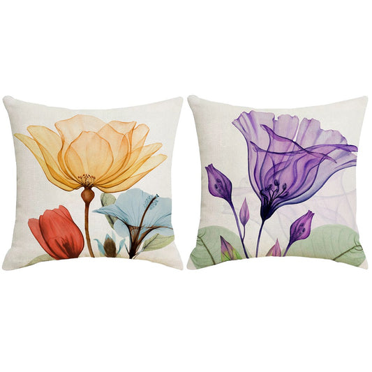 2 X Orange Purple Flower Pillow Cover Linen Pillowcase Living Room Sofa Decor