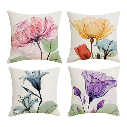 4 X Flower Pillow Cover Linen Pillowcase Living Room Sofa Decor