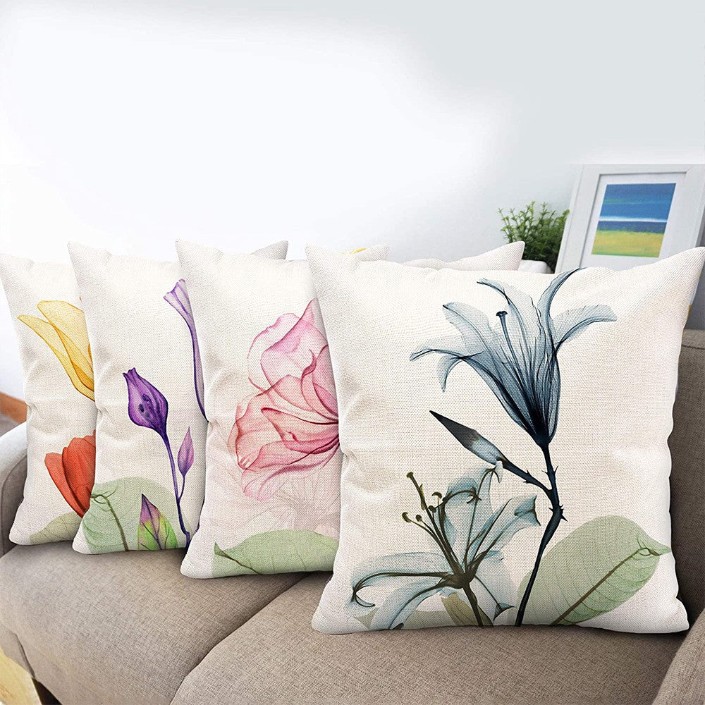 4 X Flower Pillow Cover Linen Pillowcase Living Room Sofa Decor