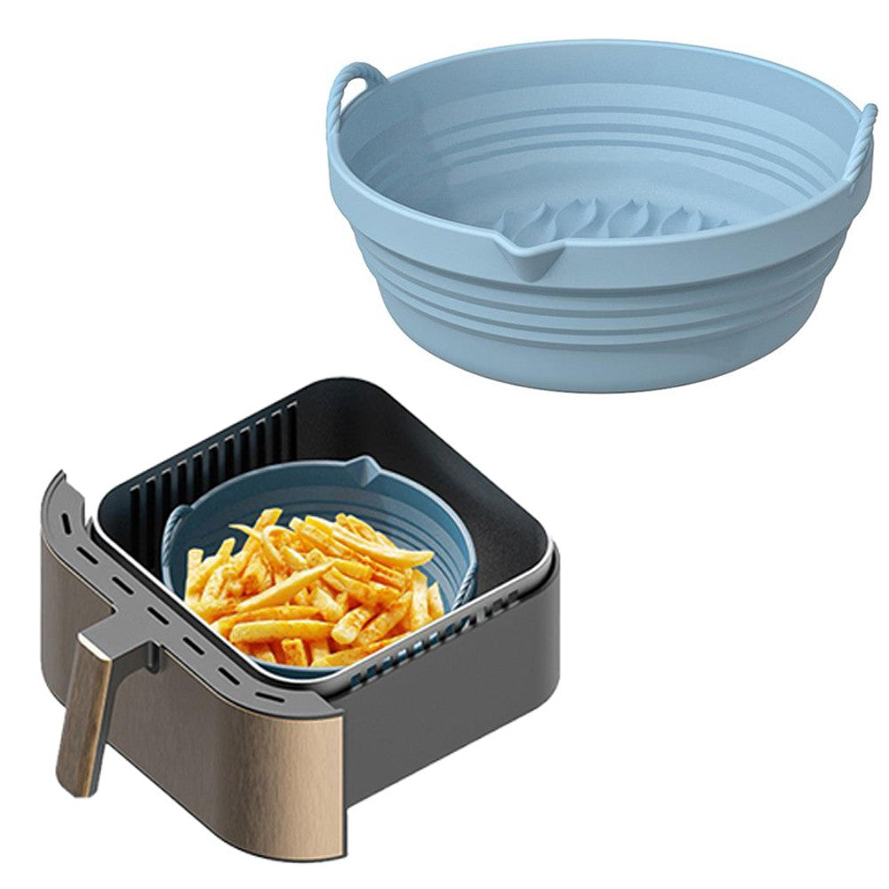 Foldable Air Fryer Silicone Pot Liners Reusable Baking Tray Pan with Handle Blue
