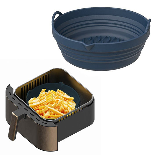 Foldable Air Fryer Silicone Pot Liners Reusable Baking Tray Pan with Handle Navy Blue