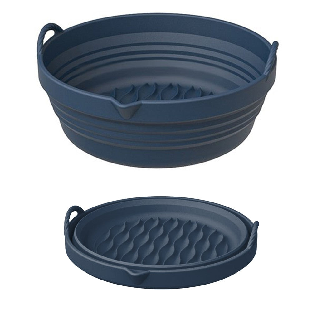 Foldable Air Fryer Silicone Pot Liners Reusable Baking Tray Pan with Handle Navy Blue