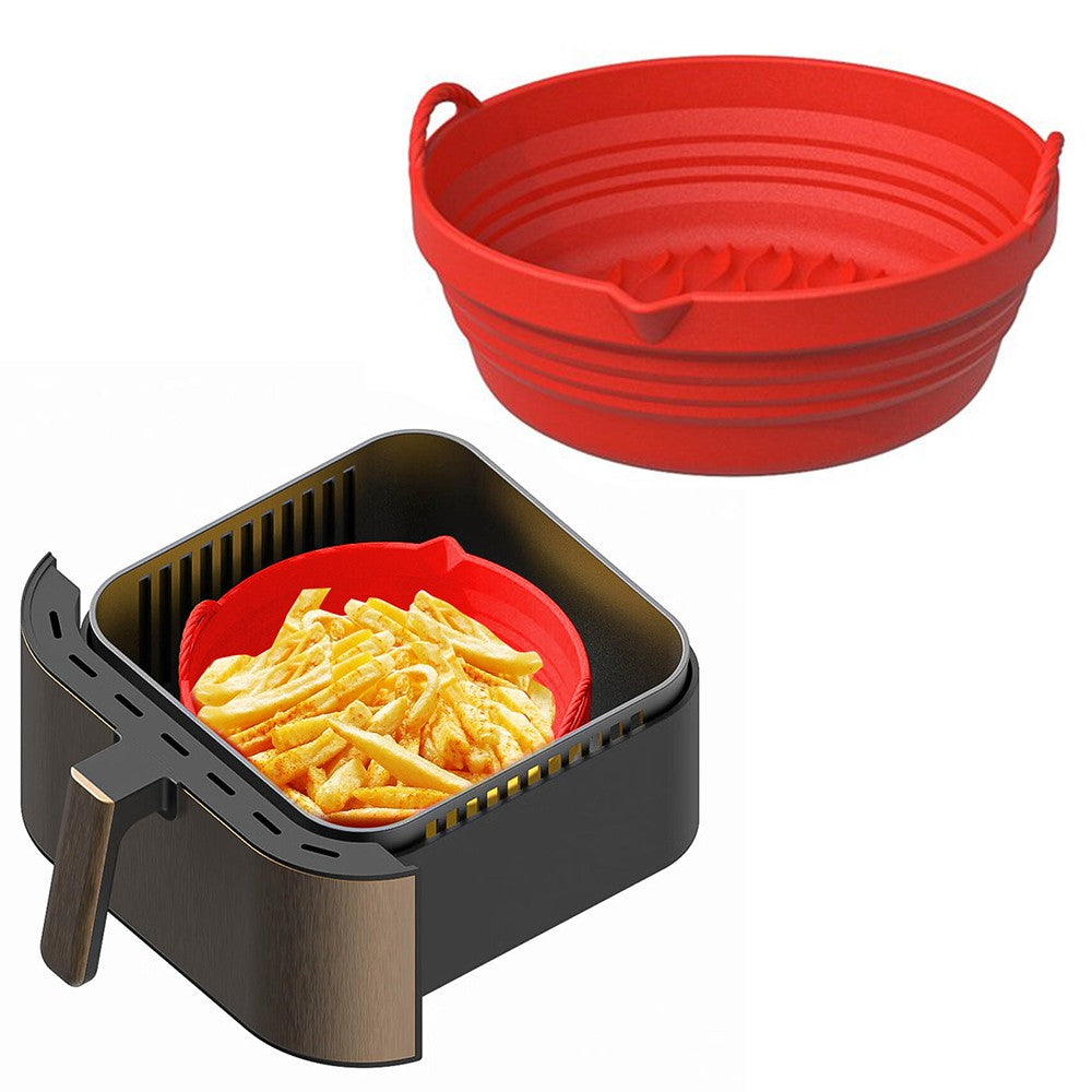 Foldable Air Fryer Silicone Pot Liners Reusable Baking Tray Pan with Handle Red