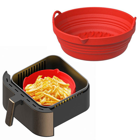 Foldable Air Fryer Silicone Pot Liners Reusable Baking Tray Pan with Handle Red