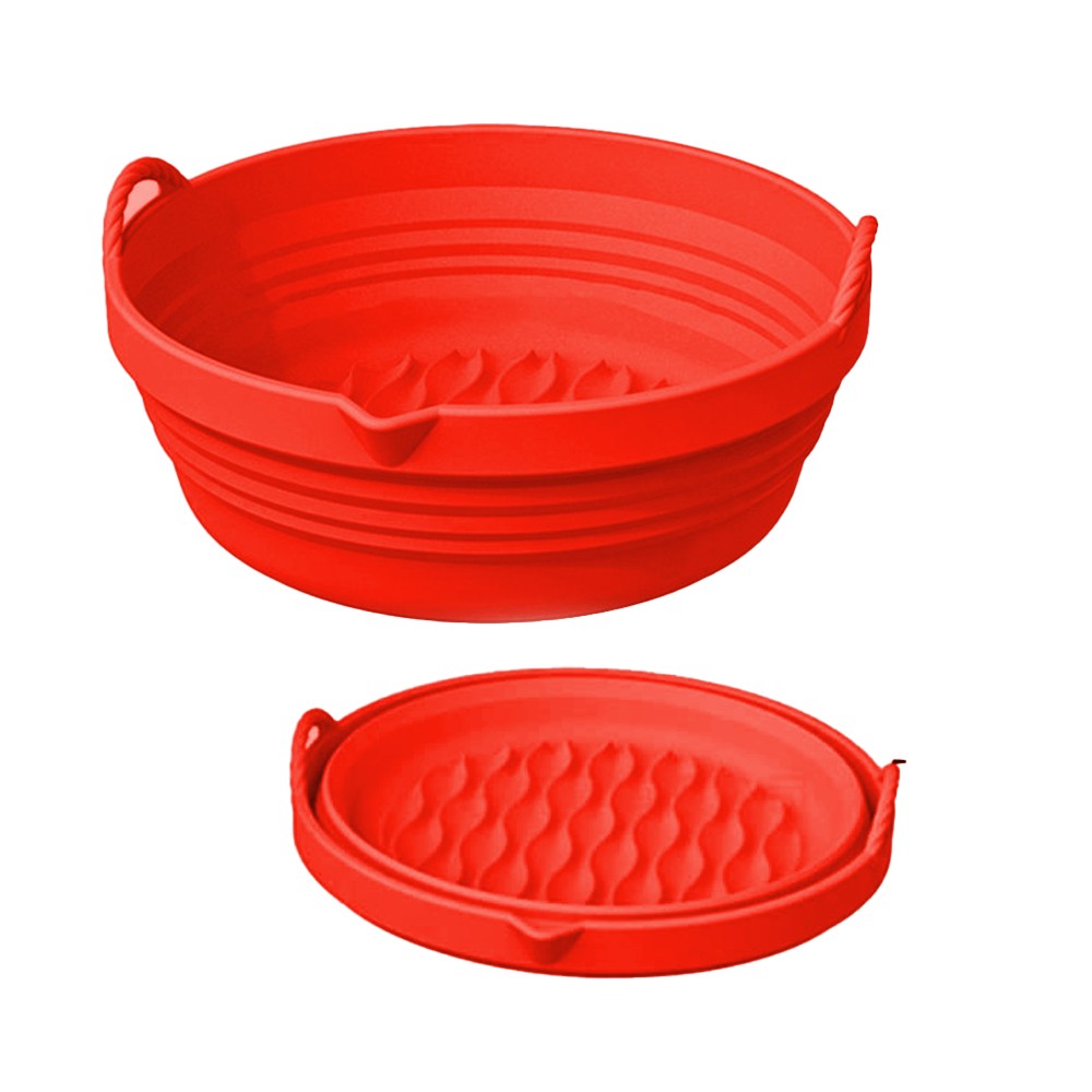 Foldable Air Fryer Silicone Pot Liners Reusable Baking Tray Pan with Handle Red