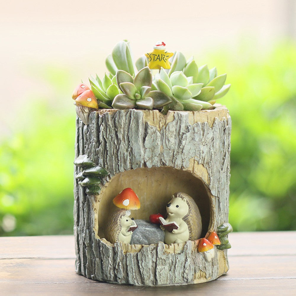 Hedgehog Plant Flower Pots with Drainage Hole Tree Stump Planters Indoor Desktop Decor