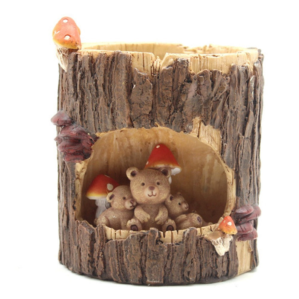 Brown Bear Plant Flower Pots with Drainage Hole Tree Stump Planters Indoor Desktop Decor