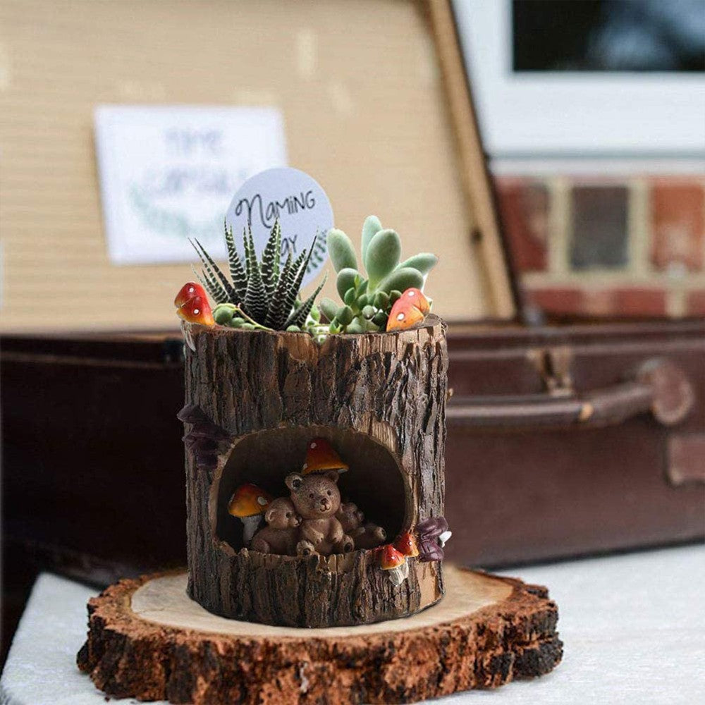 Brown Bear Plant Flower Pots with Drainage Hole Tree Stump Planters Indoor Desktop Decor