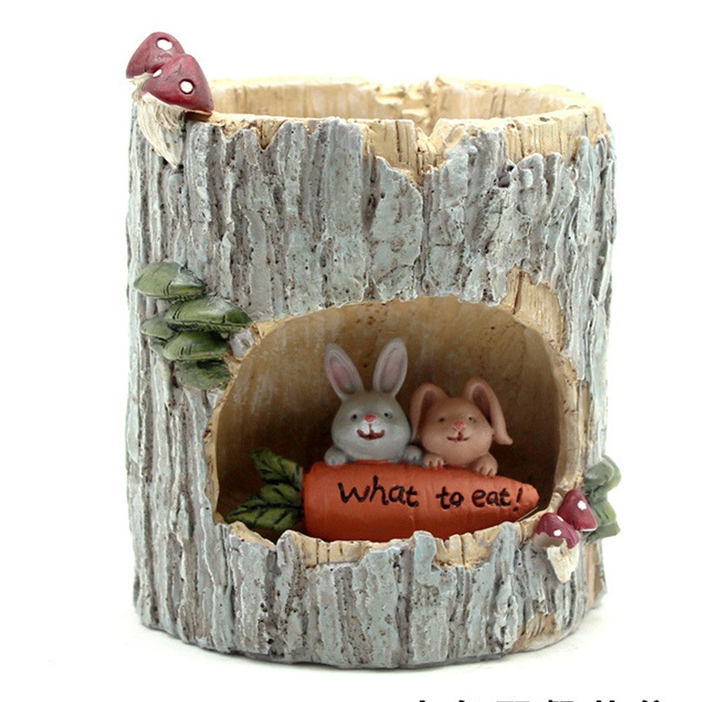 Bunny Plant Flower Pots with Drainage Hole Tree Stump Planters Indoor Desktop Decor