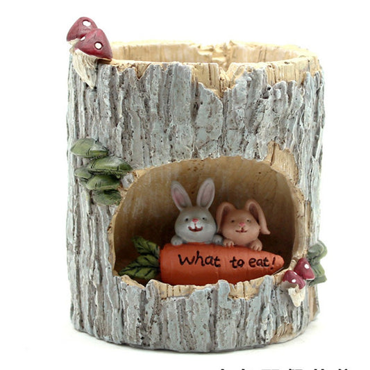 Bunny Plant Flower Pots with Drainage Hole Tree Stump Planters Indoor Desktop Decor