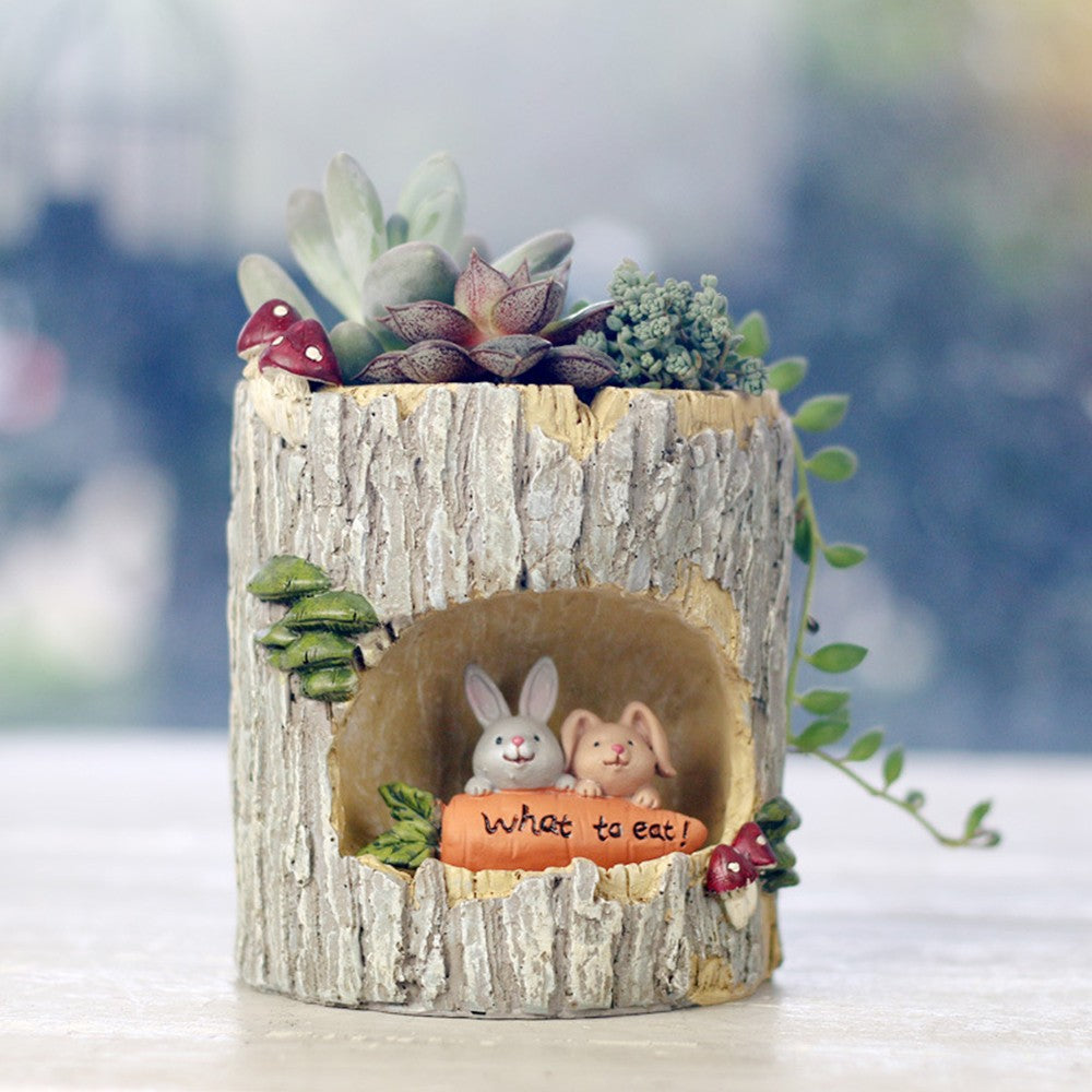 Bunny Plant Flower Pots with Drainage Hole Tree Stump Planters Indoor Desktop Decor