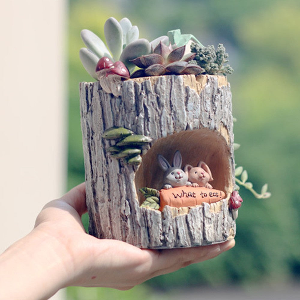 Bunny Plant Flower Pots with Drainage Hole Tree Stump Planters Indoor Desktop Decor