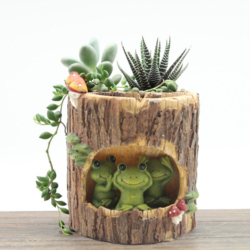 Frog Plant Flower Pots with Drainage Hole Tree Stump Planters Indoor Desktop Decor