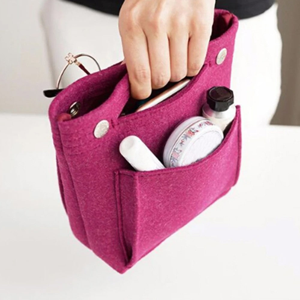 Women Handbag Insert Bag Purse Liner Multi Pocket Travel Felt Organizer Makeup Cosmetic Bag Rose Red