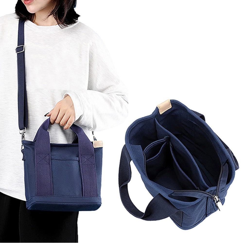 Womens Canvas Small Tote Bags Handbag Crossbody Bags Zipper Bags with Shoulder Strap Navy Blue