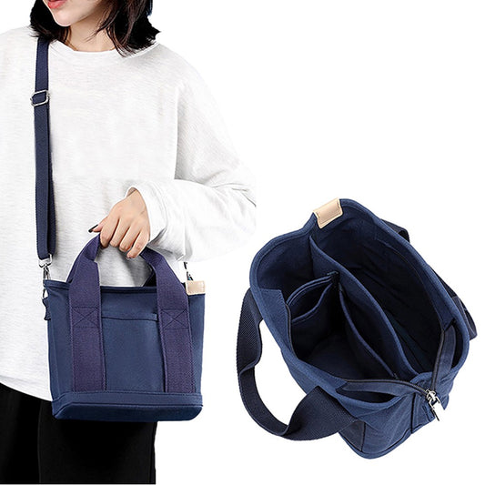 Womens Canvas Small Tote Bags Handbag Crossbody Bags Zipper Bags with Shoulder Strap Navy Blue