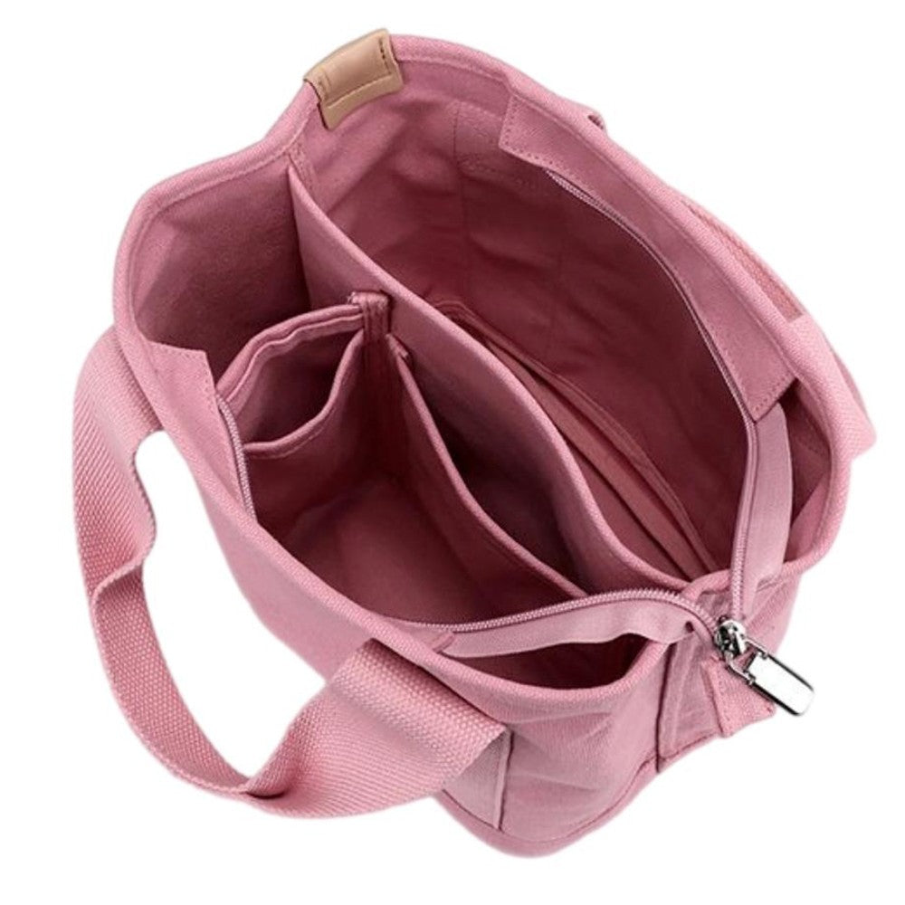 Womens Canvas Small Tote Bags Handbag Crossbody Bags Zipper Bags with Shoulder Strap Pink