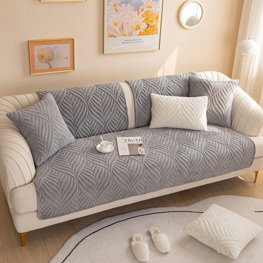 90x210cm Leaves Pattern Sofa Cover Plush Sectional Couch Cover Nonslip Sofa Slipcover Grey