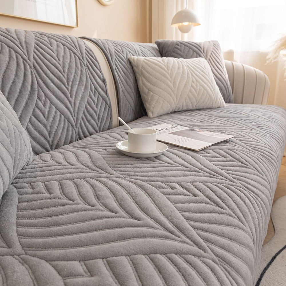 90x120cm Leaves Pattern Sofa Cover Plush Sectional Couch Cover Nonslip Sofa Slipcover Grey