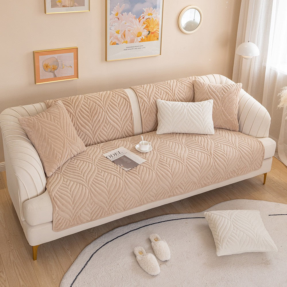 90x210cm Leaves Pattern Sofa Cover Plush Sectional Couch Cover Nonslip Sofa Slipcover Khaki