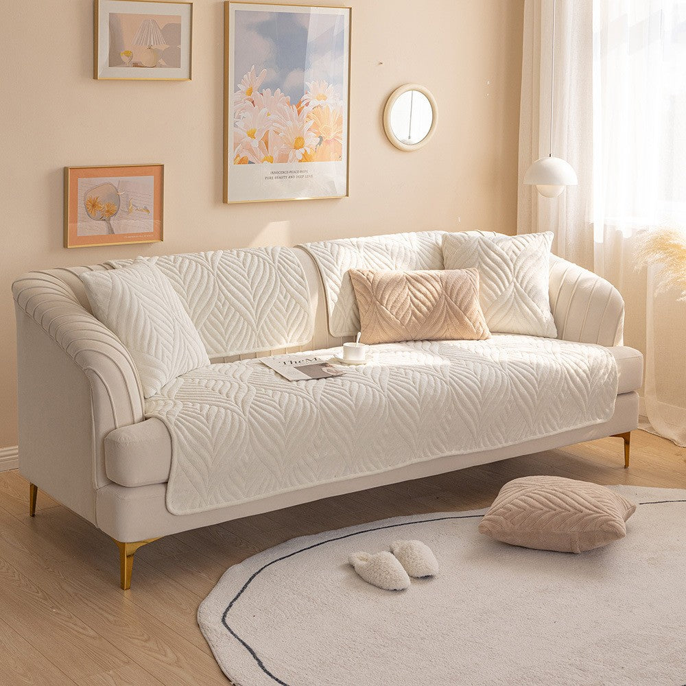 90x210cm Leaves Pattern Sofa Cover Plush Sectional Couch Cover Nonslip Sofa Slipcover White