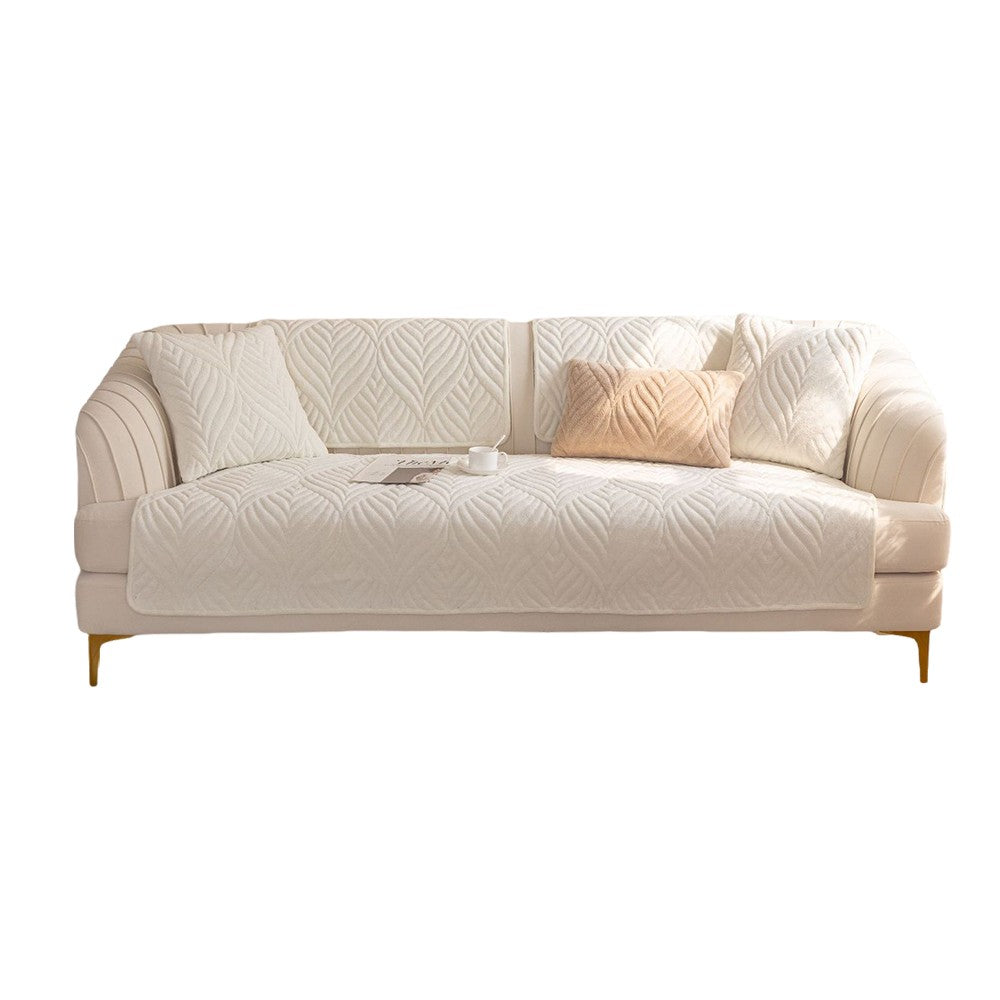 90x90cm Leaves Pattern Sofa Cover Plush Sectional Couch Cover Nonslip Sofa Slipcover White