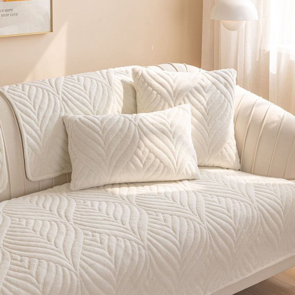 90x160cm Leaves Pattern Sofa Cover Plush Sectional Couch Cover Nonslip Sofa Slipcover White
