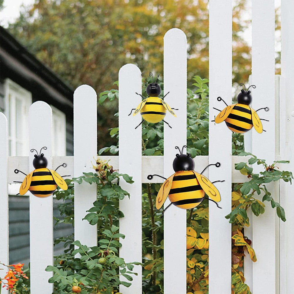 1 X Set of 4Pcs Hanging Metal Bee Statue Sculpture Wall Art Decor Indoor Outdoor Garden Decor