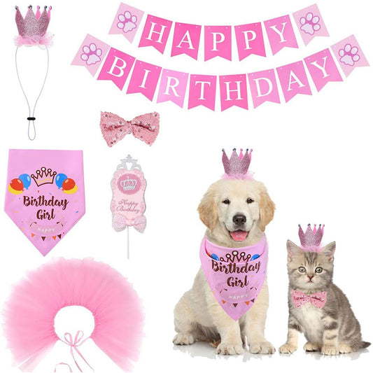 1 X 6Pcs Pink Pet Dog Birthday Party Supplies Set Birthday Bandana Banner Hat Cake Topper Decorations