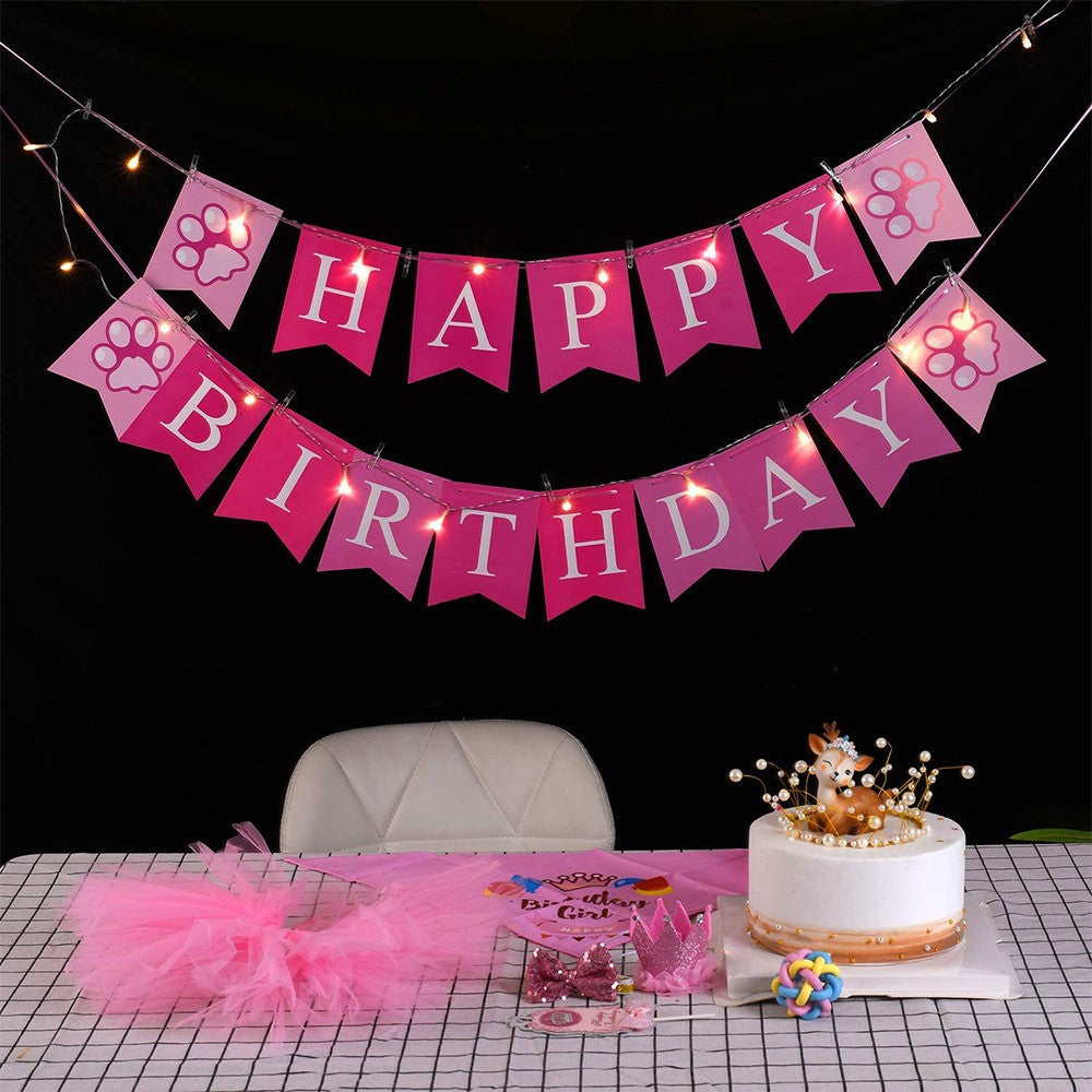 1 X 6Pcs Pink Pet Dog Birthday Party Supplies Set Birthday Bandana Banner Hat Cake Topper Decorations