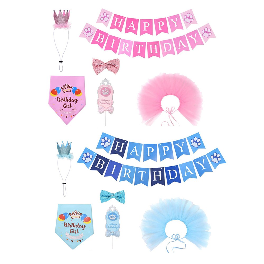 2 X 6Pcs Pet Dog Birthday Party Supplies Set Birthday Bandana Banner Hat Cake Topper Decorations