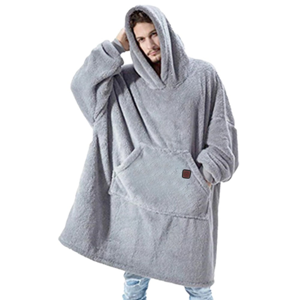 L Unisex Heated Hooded Blanket Sherpa Wearable Blanket Oversized Hooded Blanket Grey