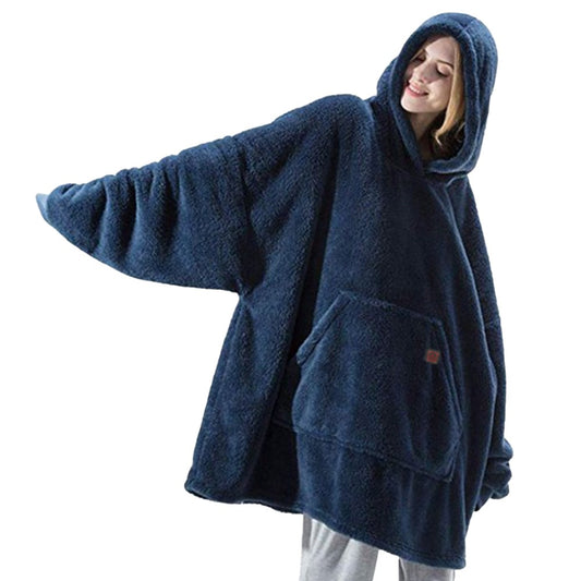 S Unisex Heated Hooded Blanket Sherpa Wearable Blanket Oversized Hooded Blanket Navy Blue