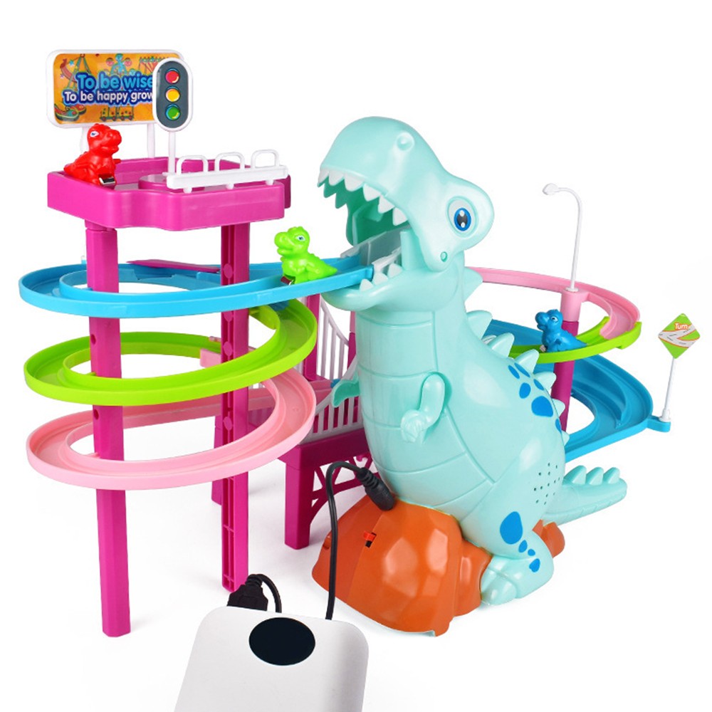 2 X Electric Dinosaur Race Track Toy Set with Music and Lights Slide Railcar Track Toy Educational Assembly Toys