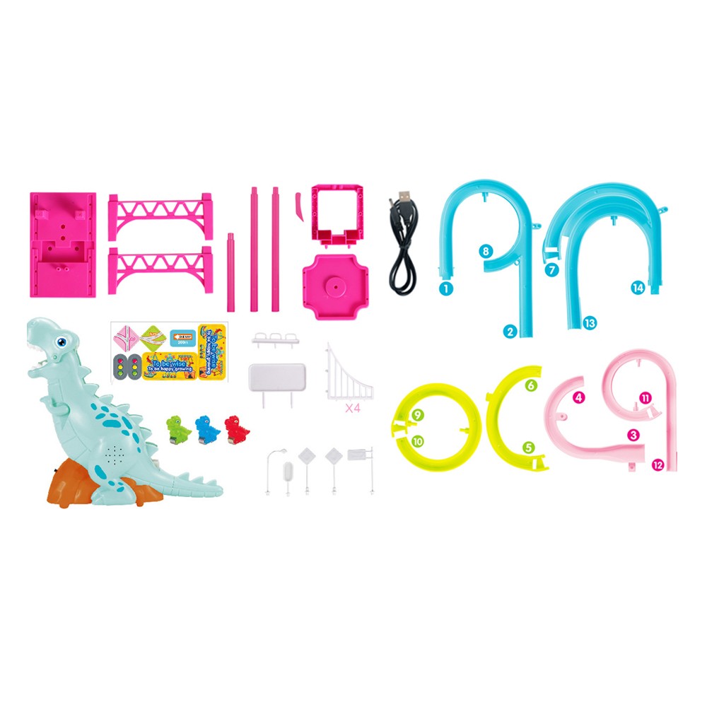 2 X Electric Dinosaur Race Track Toy Set with Music and Lights Slide Railcar Track Toy Educational Assembly Toys