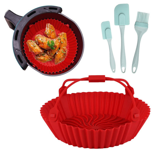 FDA Certified Silicone Air Fryer Liner with Removable Handle and 3Pcs Silicone Spatula Set Baking Tray Red