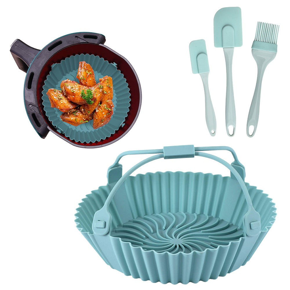 FDA Certified Silicone Air Fryer Liner with Removable Handle and 3Pcs Silicone Spatula Set Baking Tray Blue