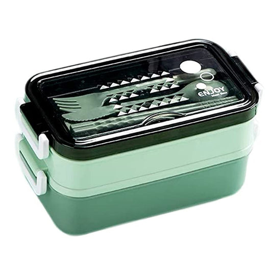 Double-layered Lunch Box Food Containers Stainless Steel Bento Box with Dinnerware Green