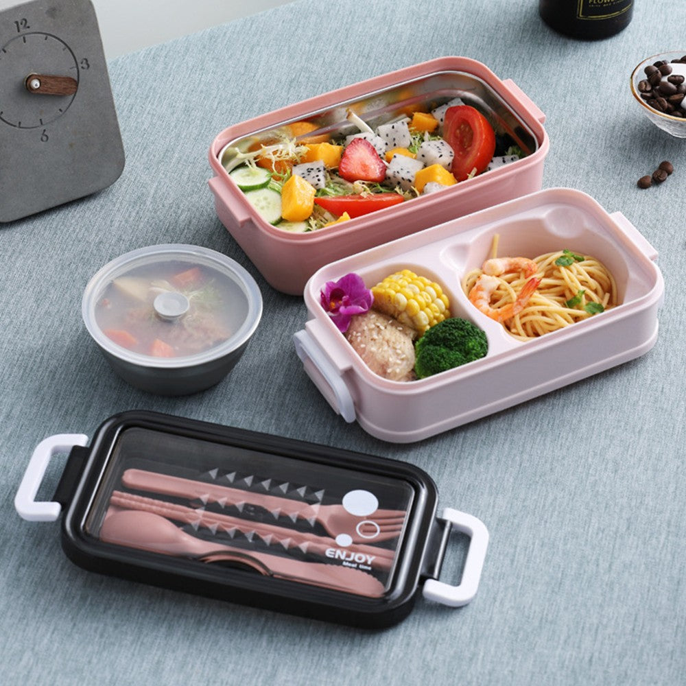 Double-layered Lunch Box Food Containers Stainless Steel Bento Box with Dinnerware Pink