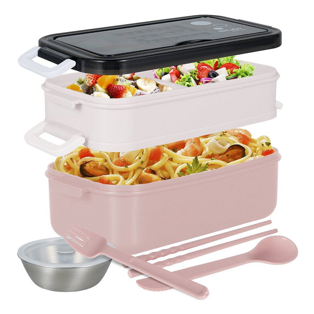 Double-layered Lunch Box Food Containers Stainless Steel Bento Box with Dinnerware Pink