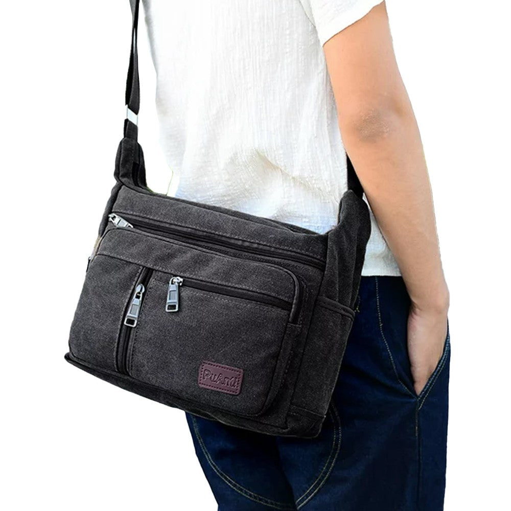 Mens Canvas Messenger Bag Multi-pocket Shoulder Bag Crossbody Satchel Bag Briefcase Black