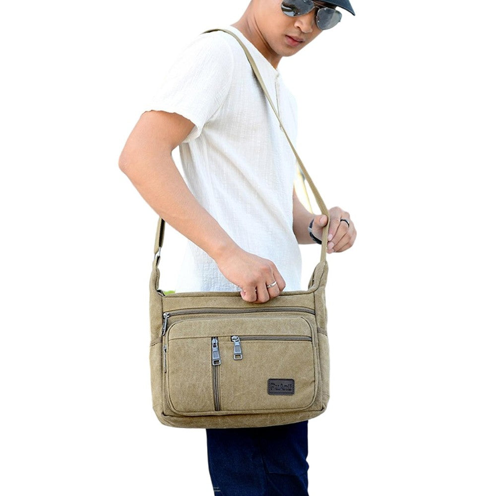 Mens Canvas Messenger Bag Multi-pocket Shoulder Bag Crossbody Satchel Bag Briefcase Khaki