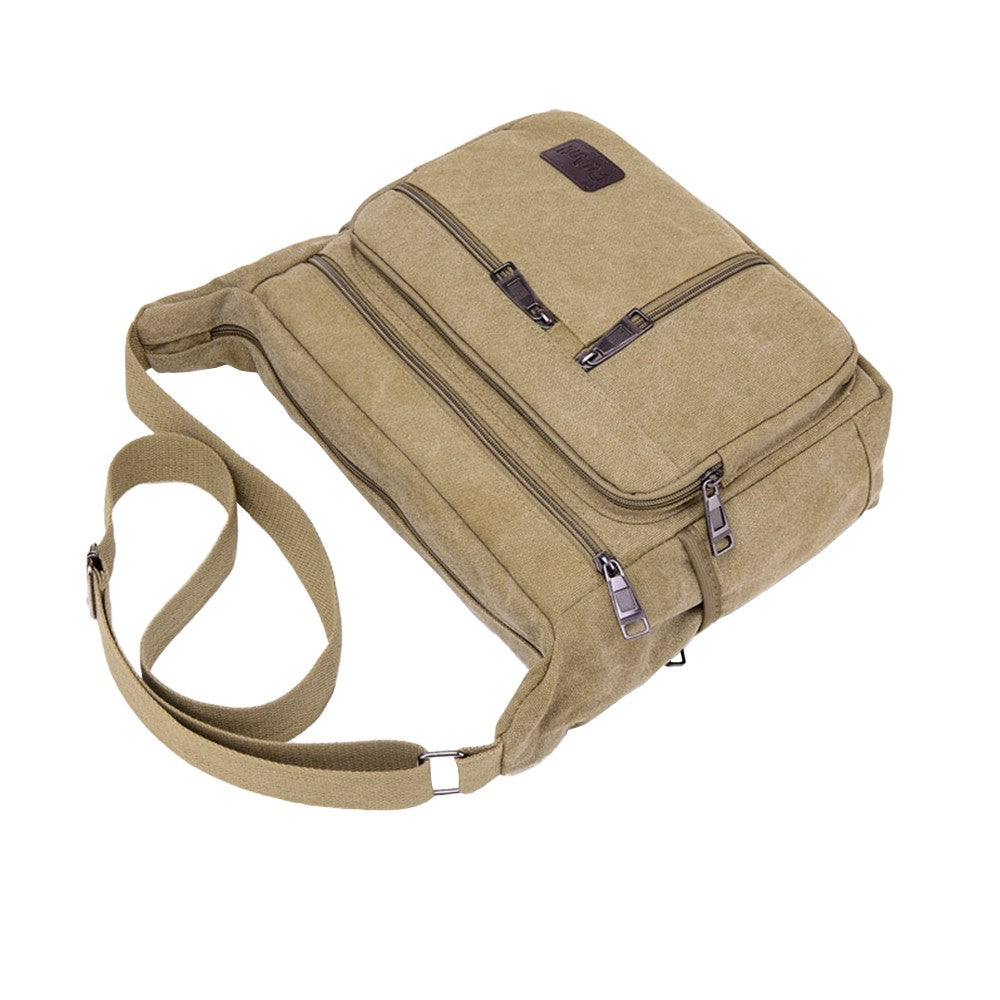Mens Canvas Messenger Bag Multi-pocket Shoulder Bag Crossbody Satchel Bag Briefcase Khaki