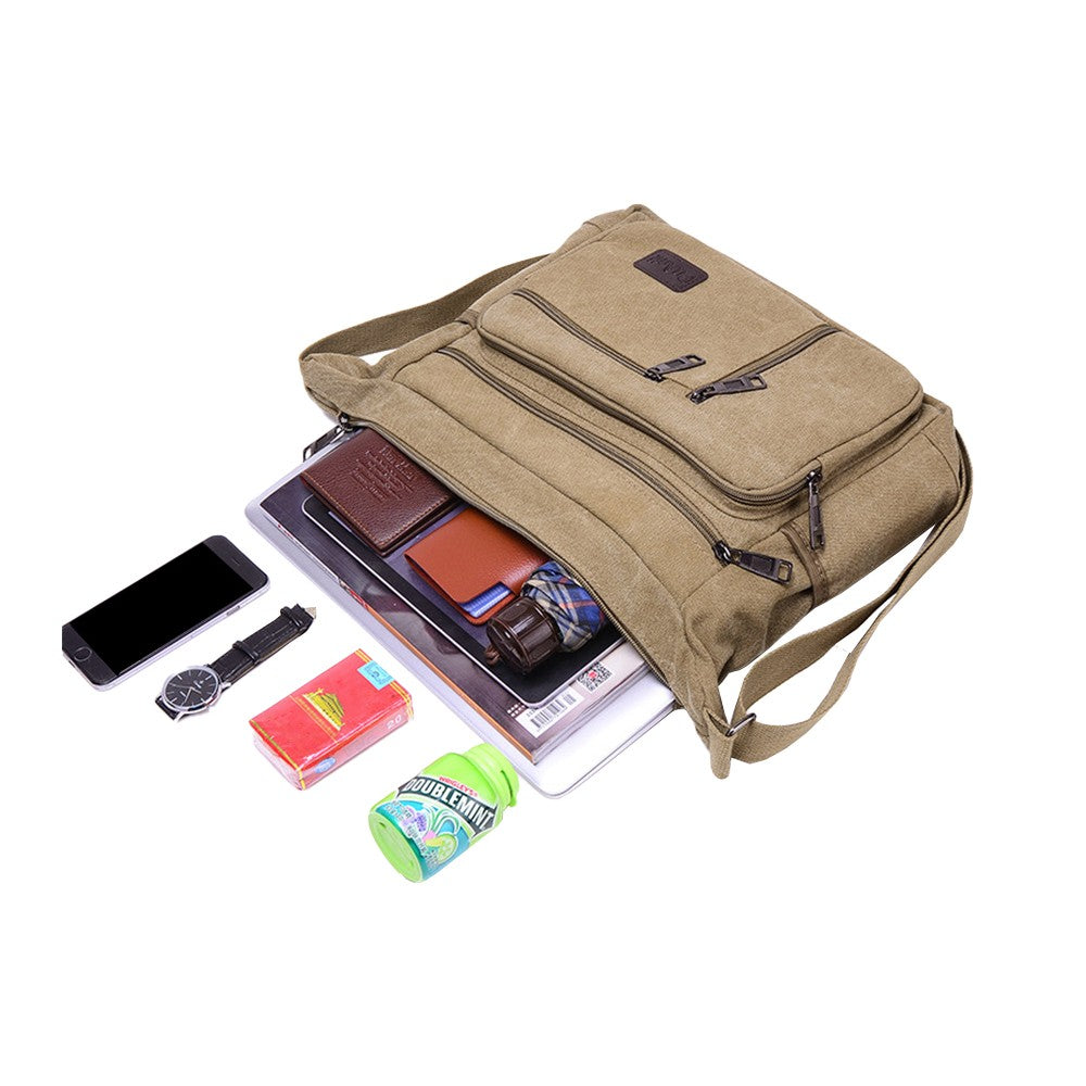 Mens Canvas Messenger Bag Multi-pocket Shoulder Bag Crossbody Satchel Bag Briefcase Khaki