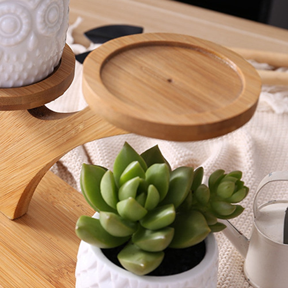 3Pcs Owl Style Succulent Pots with 3 Tier Bamboo Saucers Stand Holder Ceramic Plant Flower Pot Home Decor