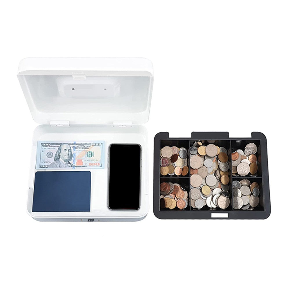 20x16x9cm Lockable Cash Box with Coin Tray Combination Lock Money Box Desktop Safe White