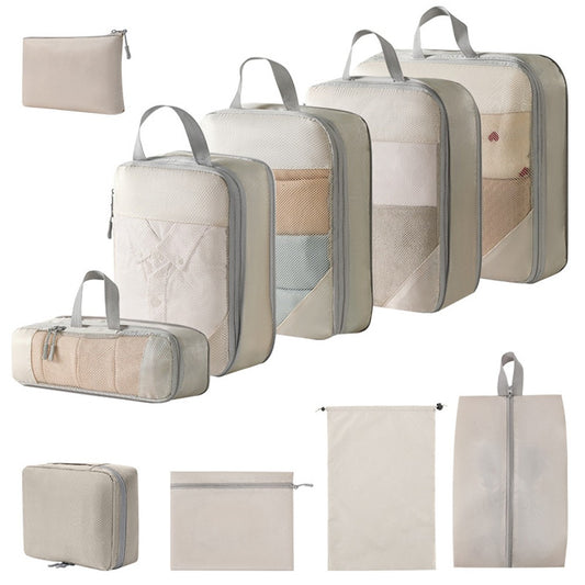 Set of 10Pcs Travel Compressible Packing Cube Clothes Storage Bags Luggage Organizer Beige