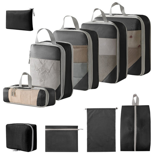 Set of 10Pcs Travel Compressible Packing Cube Clothes Storage Bags Luggage Organizer Black